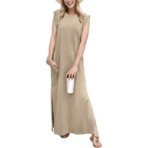 Grecerelle Women Khaki Round Neck Loose Split Wrinkle-Free Long Maxi Dress